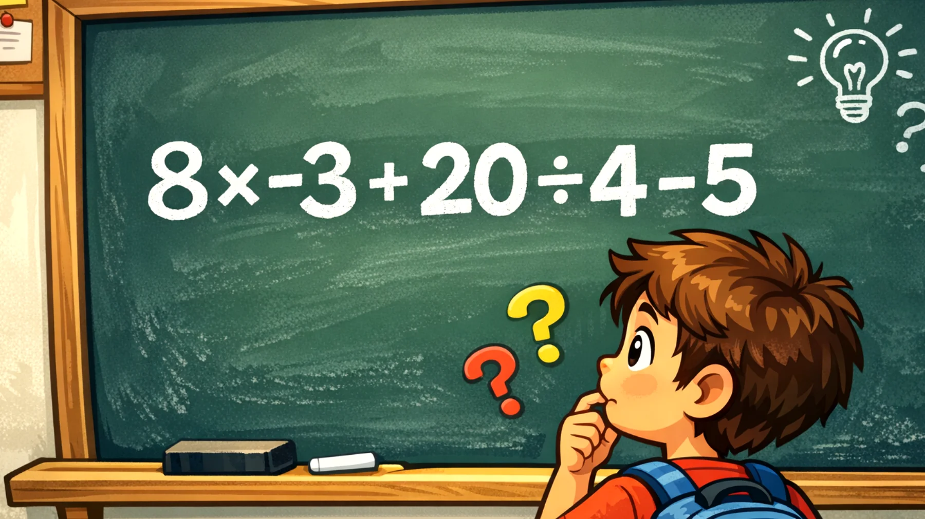 Solo i veri geni risolvono questo in pochi secondi: quanto fa 8 × -3 + 20 ÷ 4 - 5? Il 90% sbaglia!"